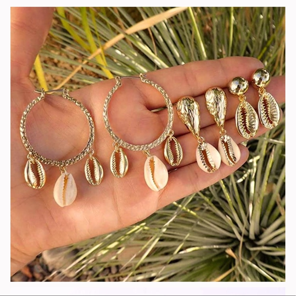 Gold cowrie real shell earring set of 4 earrings